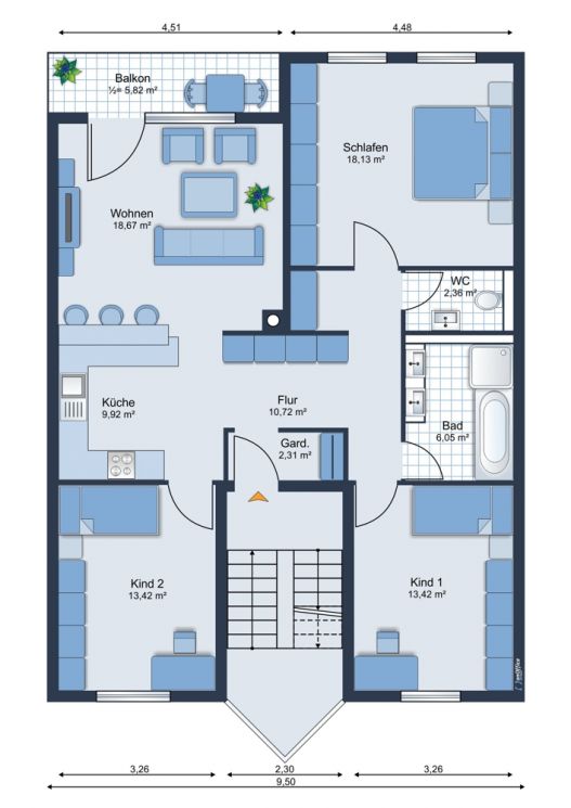 Riesen-Balkon geplant • 4-Zimmer • offene Küche • großes Wohnzimmer • Gäste-WC • Wanne & Dusche •